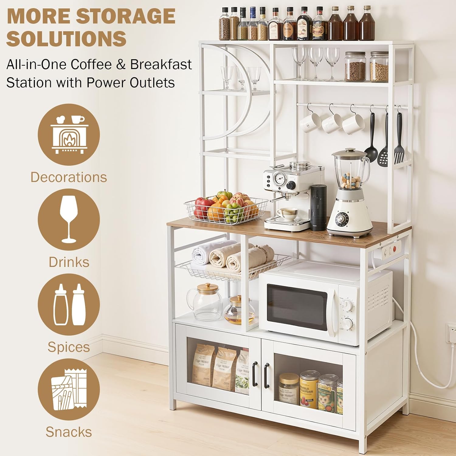 Uieke Bakers Rack with Power Outlet and Storage, Kitchen Bakers Rack with Cabinet & 10 Hooks, Coffee Bar Cabinet, Microwave Stand, 5 Tiers Kitchen Storage Rack for Dining Room & Small Spaces, White