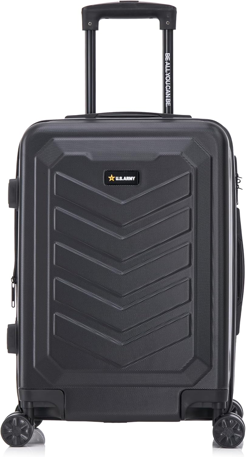 US Army Fox Pro 20 inch Expandable Carry-On Suitcase with TSA Lock for Travel | Lightweight Hardside Luggage with Spinner Wheels, Chevron Icon, Gel Handle, Retractable Trolley, Side Studs | Black