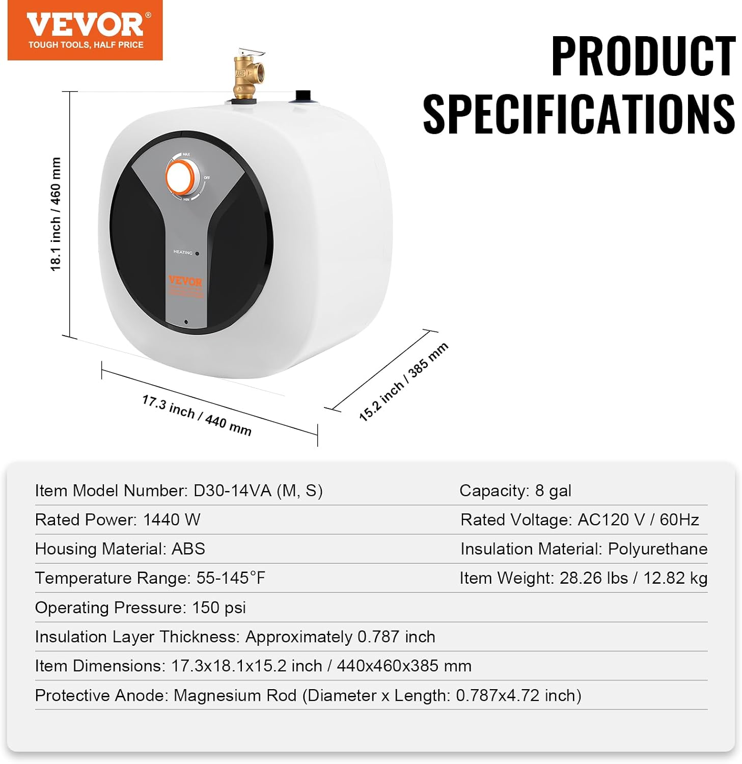 VEVOR Electric Mini-Tank Water Heater 8-Gallon Tank, 1440W Hot Water Boiler Storage, Safety Temperature Pressure Valve Easy Install, for Kichen Bathroom Restaurant, Shelf Wall Floor Mounted