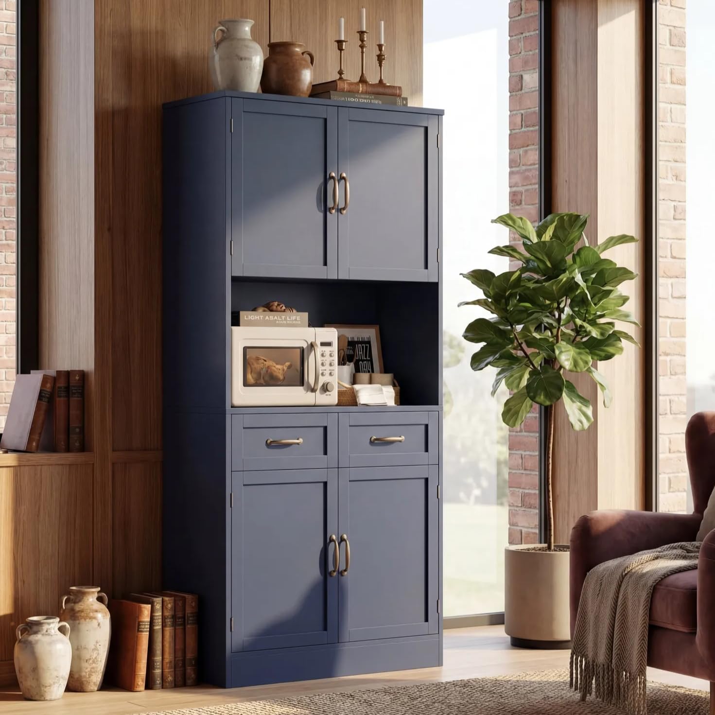 HOSTACK 71' Tall Kitchen Pantry Storage Cabinet, Modern Kitchen Hutch Bar Cabinet with Microwave Stand, Wood Buffet Sideboard with Hutch, Cupboard with Drawers, Shelves for Dining Room, Blue