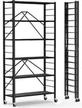 Himix 6 Tier Foldable Storage Shelves, Expandable Folding Bookshelf with Wheels, Changeable into 2 Shelf Units, Collapsible Adjustable Storage Rack Metal Shelves for Garage, Kitchen, Black