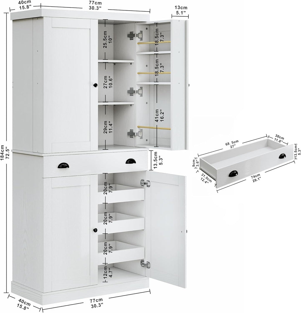 IRONCK Kitchen Pantry Cabinet 72' Height, Freestanding Cupboard with Drawer, Sliding Storage Rack, and 6 Hanging Shelves for Dining Room, Laundry, White