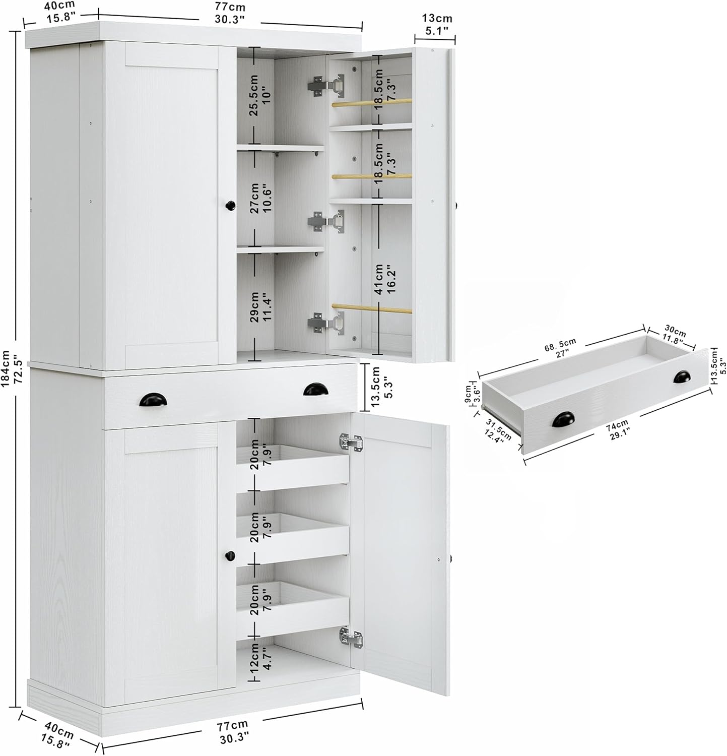 IRONCK Kitchen Pantry Cabinet 72' Height, Freestanding Cupboard with Drawer, Sliding Storage Rack, and 6 Hanging Shelves for Dining Room, Laundry, White