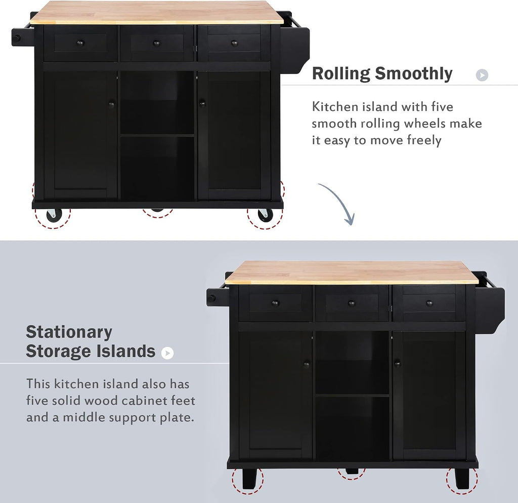 Modern Kitchen Island on 5 Wheels with Storage Cabinet and Drop-Leaf Countertop, Kitchen Cart with Cabinet Door Internal Storage Racks and 3 Drawers for Dinning Room (Black#M)