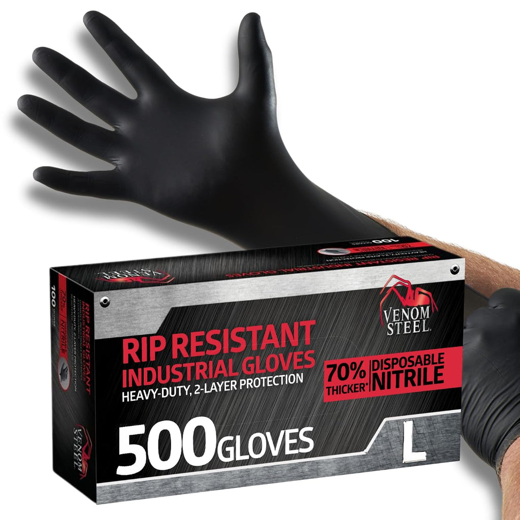 Venom Steel Industrial Nitrile Gloves, Chemical Resistant Disposable Black Gloves, Latex-Free, Powder-Free, Textured Grip, Heavy Duty Two-Layer Protection, 6 mil, Large (Pack of 500)