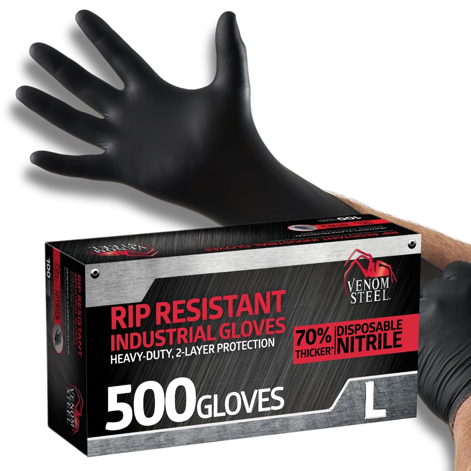 Venom Steel Industrial Nitrile Gloves, Chemical Resistant Disposable Black Gloves, Latex-Free, Powder-Free, Textured Grip, Heavy Duty Two-Layer Protection, 6 mil, Large (Pack of 500)