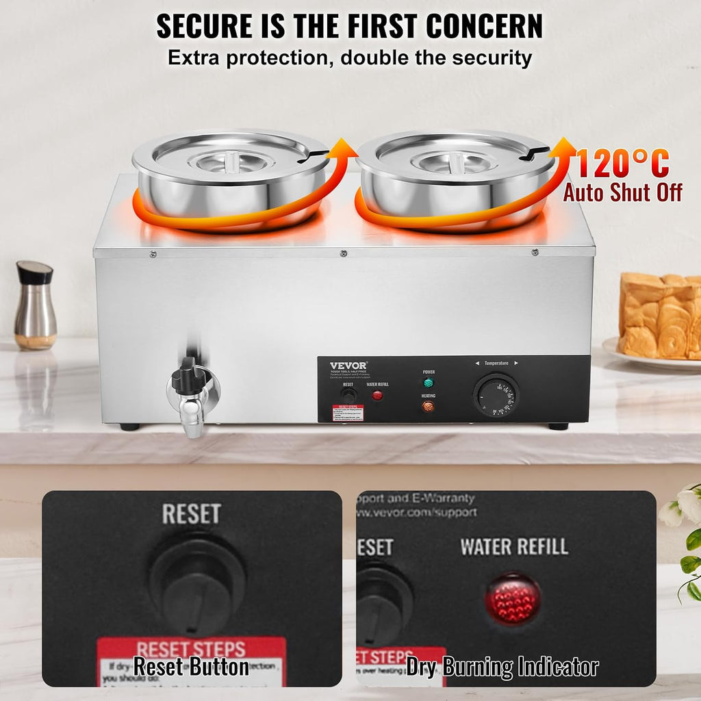 ETL Listed Electric Soup Warmer, Dual 7.4QT Stainless Steel Round Pot 86~185°F Adjustable Temp, 1200W Commercial Bain Marie with Anti-Dry Burn, Soup Station for Restaurant, Buffet, Silver