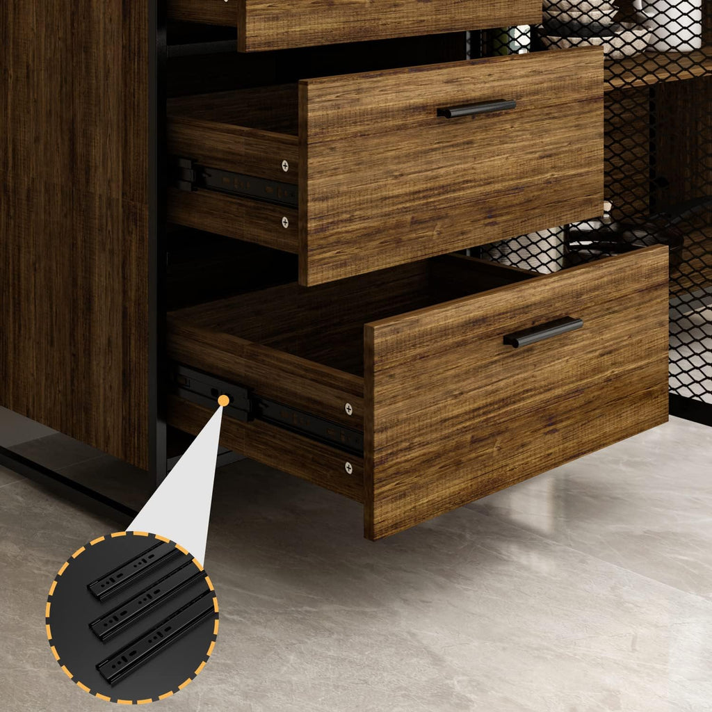 AGOTENI Large Kitchen Hutch Cabinet, Storage Cupboard Pantry with 3 Metal Doors, 3 Drawers & Microwave Shelf, for Kitchen Open Storage, Rustic Brown (59' W x 15.7' D x 68.5' H)