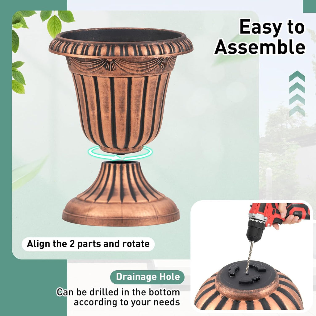 Giantex 18' Tall Vintage Planters Set of 4, Urn Plastic Flower Pots with/Pedestal Base & Pre-Marked Drain Hole, Indoor Outdoor Decorative Plant Containers for Front Porch Home Wedding (Bronze)