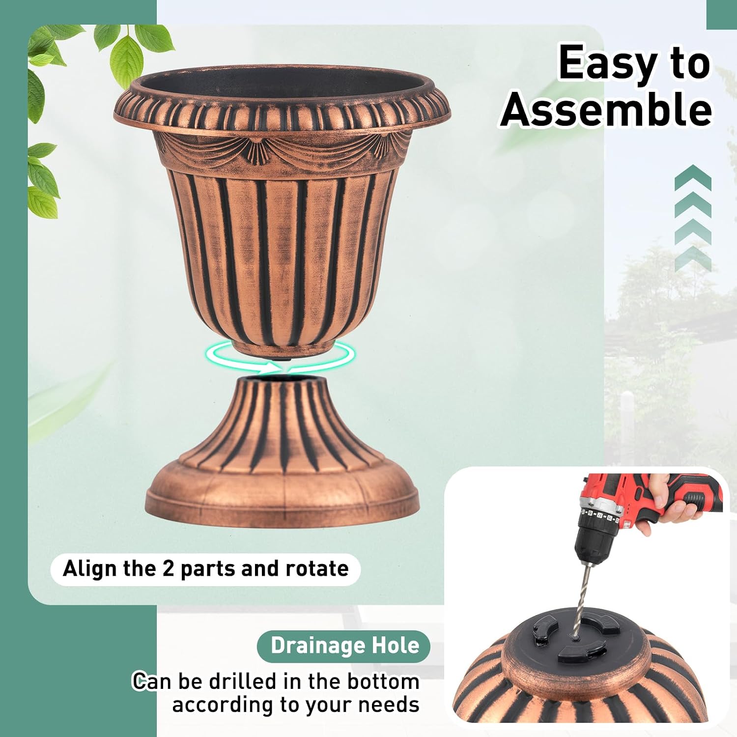 Giantex 18' Tall Vintage Planters Set of 4, Urn Plastic Flower Pots with/Pedestal Base & Pre-Marked Drain Hole, Indoor Outdoor Decorative Plant Containers for Front Porch Home Wedding (Bronze)