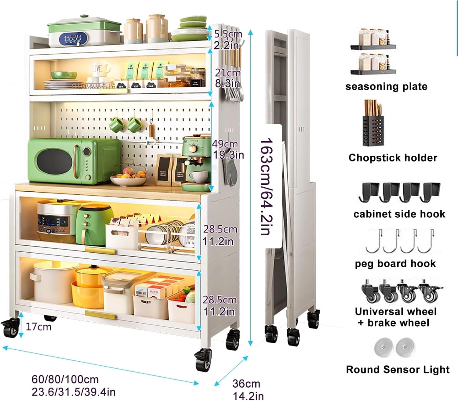 White 5-Tier Kitchen Baker's Rack with Power Outlets & Wheels, Versatile Storage Shelf for Garage, Pantry & Home Organization, 60cm/23.6in