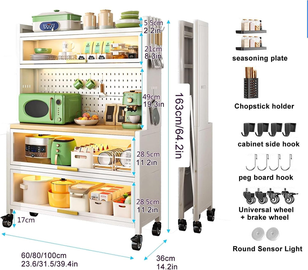 Kitchen Cabinet Storage, Bakers Rack with Power Outlets, 5-Tier Kitchen Storage Shelf, Large Kitchen Storage Shelves with Wheels, for Garage Pantry Kitchen Home (Col