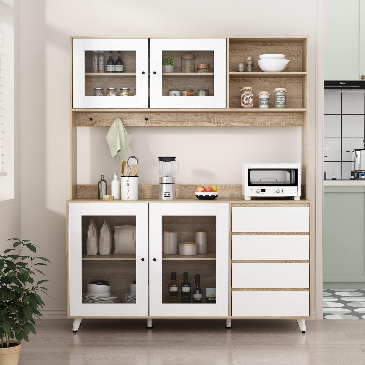 AGOTENI Large Kitchen Hutch Cabinet, Storage Cupboard Pantry with 4 Glass Doors, 4 Drawers & Microwave Shelf, for Kitchen Open Storage, White/Oak (63' W x 15.7' D x 74.8' H)