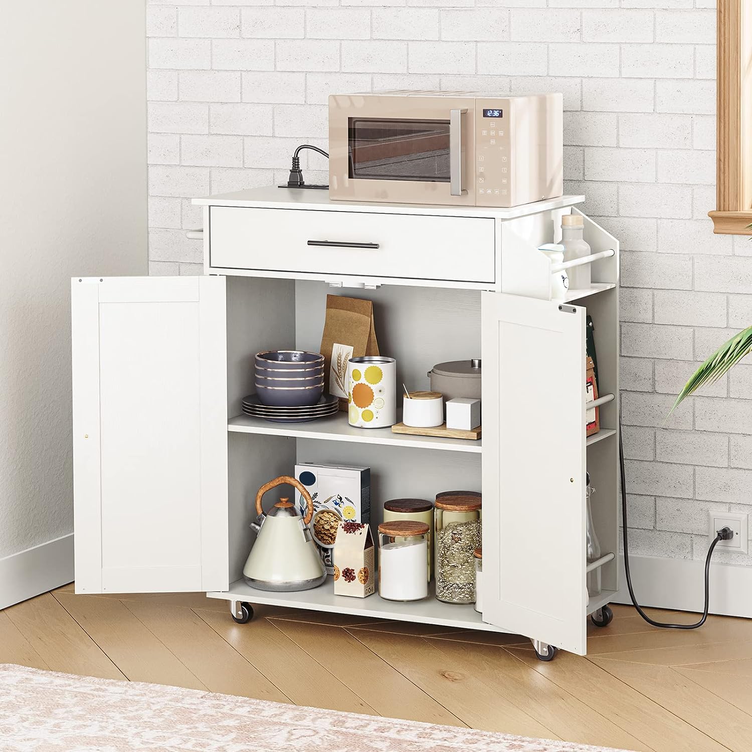 HOOBRO Kitchen Island and Rolling Kitchen Cart with Power Outlet Bundle, Storage Island with Spice Rack and Drawer, for Home WT82UZD01G1-WN88UZD01