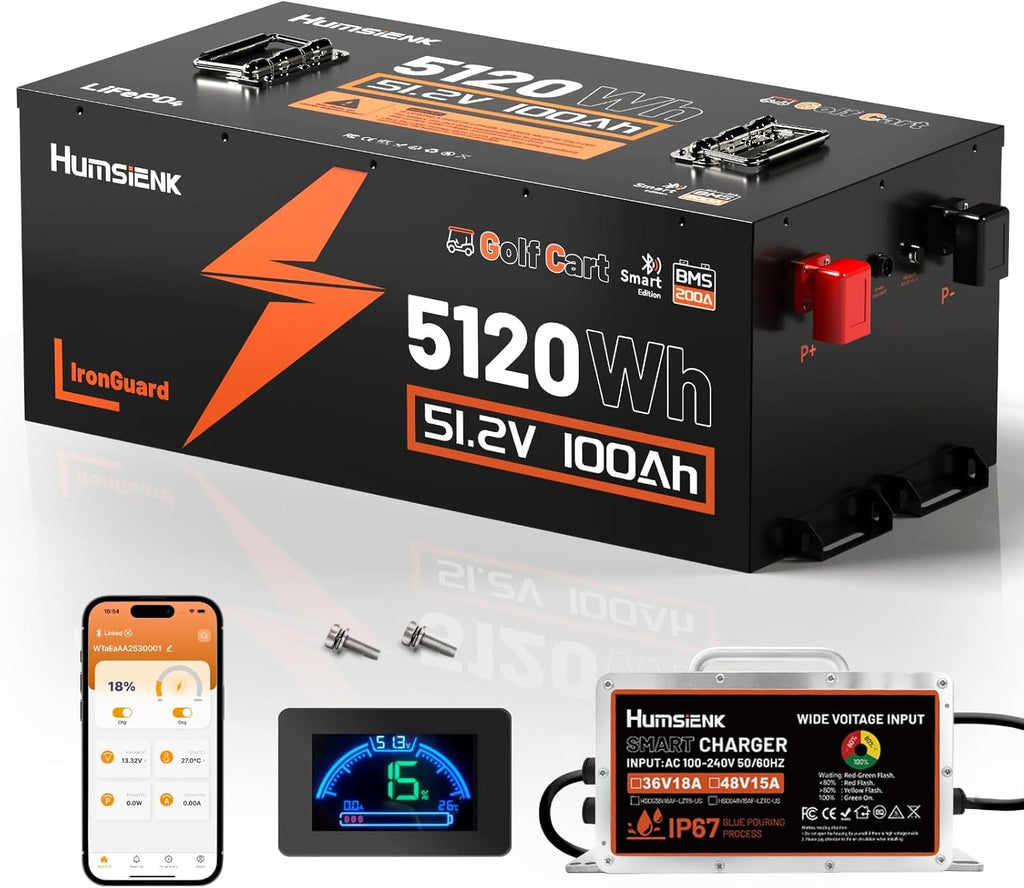 48V 100Ah Golf Cart Battery with Metal Case & 200A BMS, LiFePO4 Lithium Battery with 15A Charger, Bluetooth APP & LCD Monitor, 15000+ Cycles, Max. 5.12kWh with Low-Temp Protection for Golf Carts