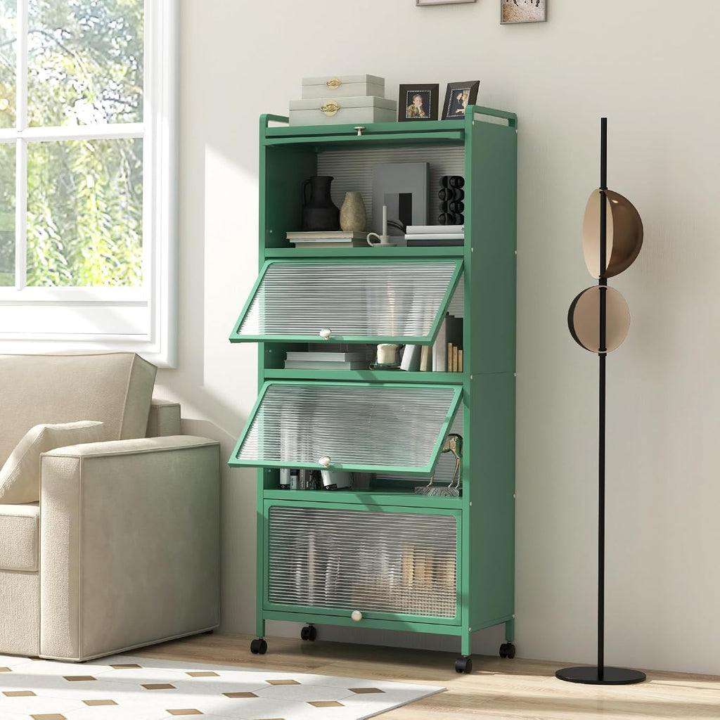 SIMOE Green 5-Tier Kitchen Storage Cabinet, Mobile Microwave Stand with Flip-Up PC Doors, Freestanding Baker's Rack w/ 4 Rolling Casters for Dining Room, Living Room and Study