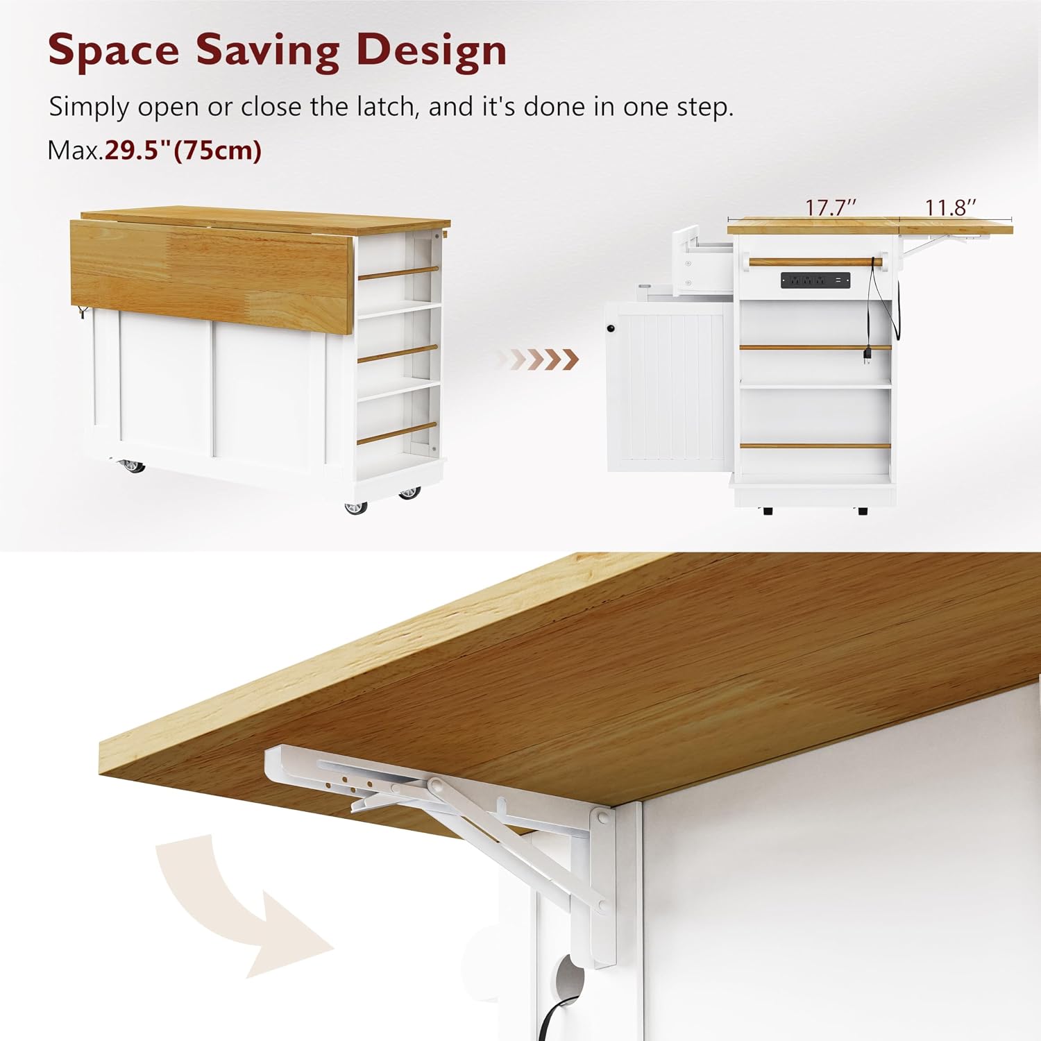 48 inch Rolling Kitchen Island Storage Cart on 5 Wheels with Drop Leaf, 2 Bar Stools, Power Outlet, Door Internal Storage Rack, 5 Open Side Racks, 2 Drawers for Dining Room, Home Bar White