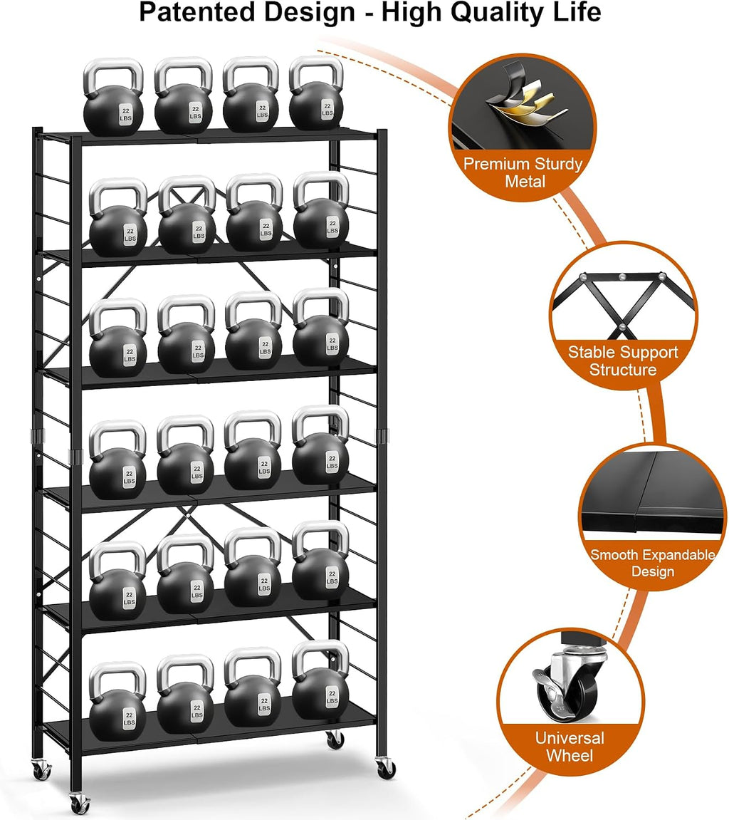 Himix 6 Tier Foldable Storage Shelves, Expandable Folding Bookshelf with Wheels, Changeable into 2 Shelf Units, Collapsible Adjustable Storage Rack Metal Shelves for Garage, Kitchen, Black