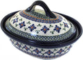 Blue Rose Polish Pottery - Green Mosaic Flower Small Oval Baker with Lid - 4 Cup Capacity - Unique, Dishwasher Safe, & Durable Bakeware