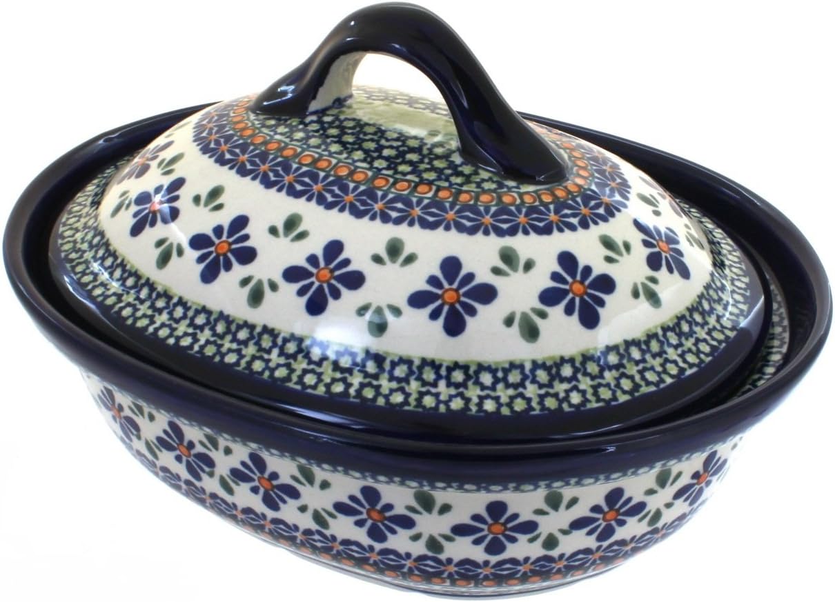 Blue Rose Polish Pottery - Green Mosaic Flower Small Oval Baker with Lid - 4 Cup Capacity - Unique, Dishwasher Safe, & Durable Bakeware