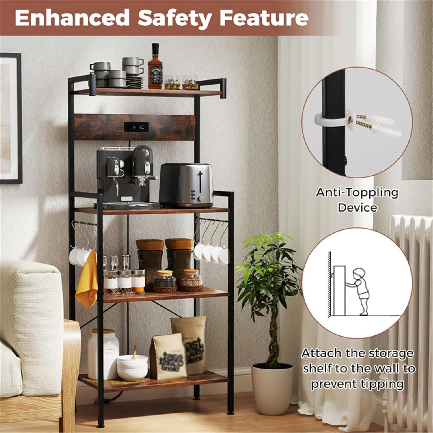 Kitchen Baker's Rack with Power Socket, Microwave Rack with 4 Shelves and 8 S-Shaped Hooks, Kitchen Storage Rack for Spices and Pots, Rustic Brown