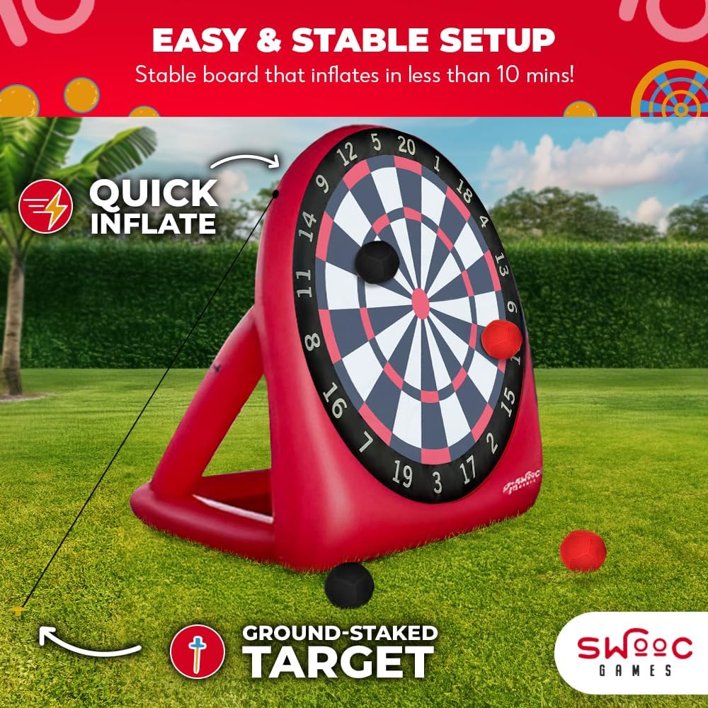 Swooc Games - Premium Inflatable Giant Kick Darts (15+ Ways to Play) - Jumbo Soccer Dartboard with Air Pump - Big Carnival Games - Giant Outdoor Games - Oversized Dart Board Yard & Lawn Game