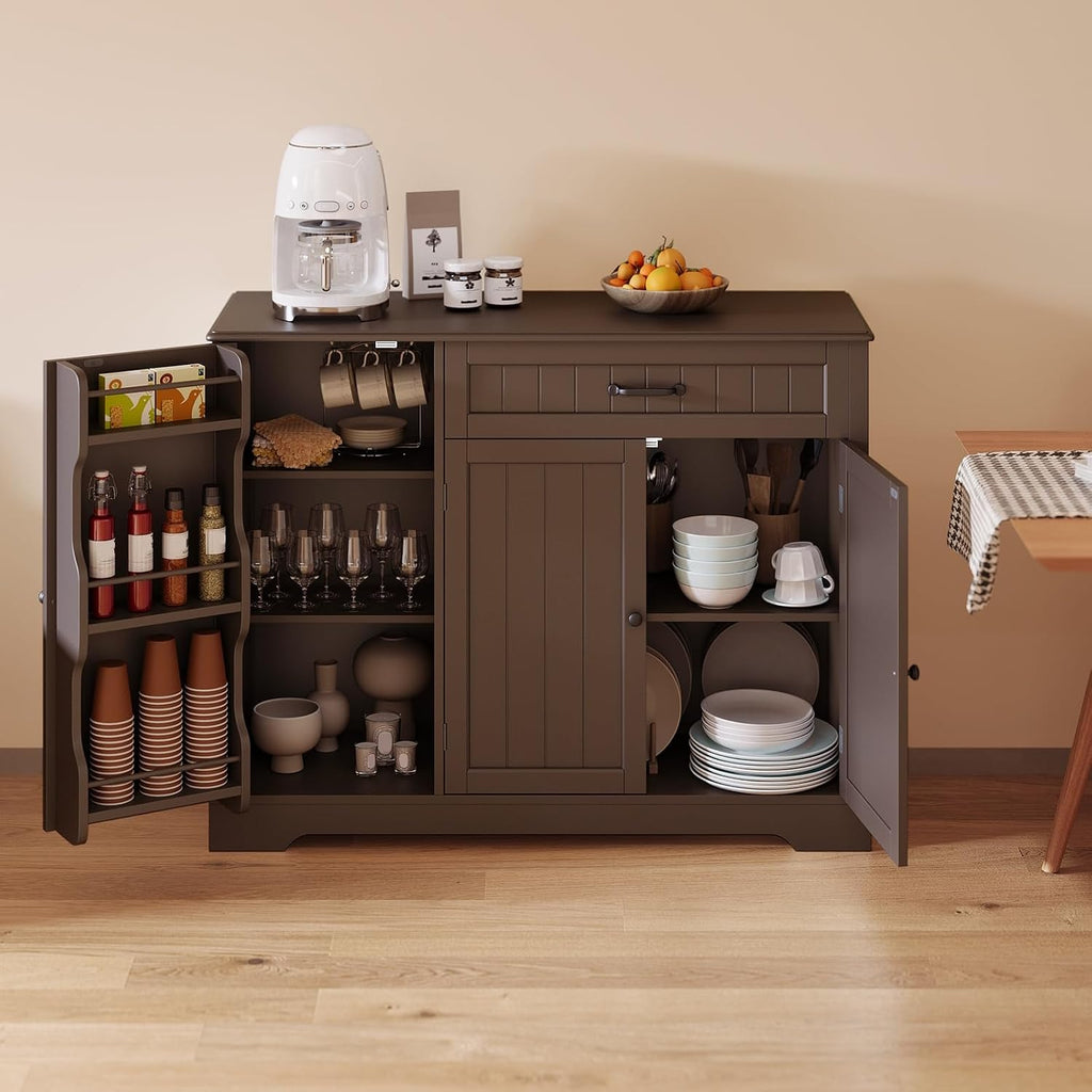 Gizoon Kitchen Coffee Bar Cabinet with Storage Kitchen Sideboard Buffet Cabinet with Drawers, Short Pantry with Door and Shelves for Bathroom and Living Room, Dark Brown, Painted