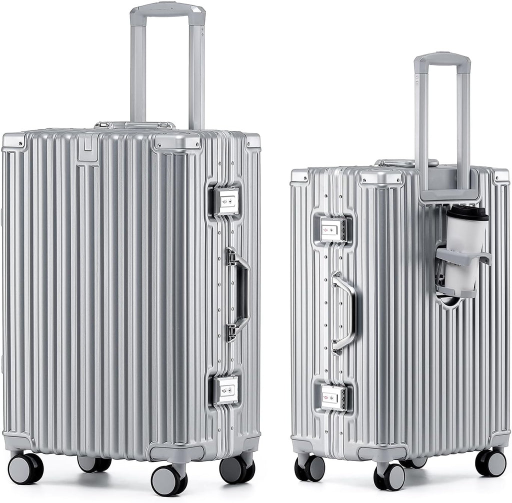 HotWay 24 Inch Aluminum Frame Luggage with Spinner Wheels, PC Hard Shell Suitcase with Cup Holder, Zipperless Luggage for Business Travel, Silver