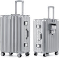 HotWay 24 Inch Aluminum Frame Luggage with Spinner Wheels, PC Hard Shell Suitcase with Cup Holder, Zipperless Luggage for Business Travel, Silver