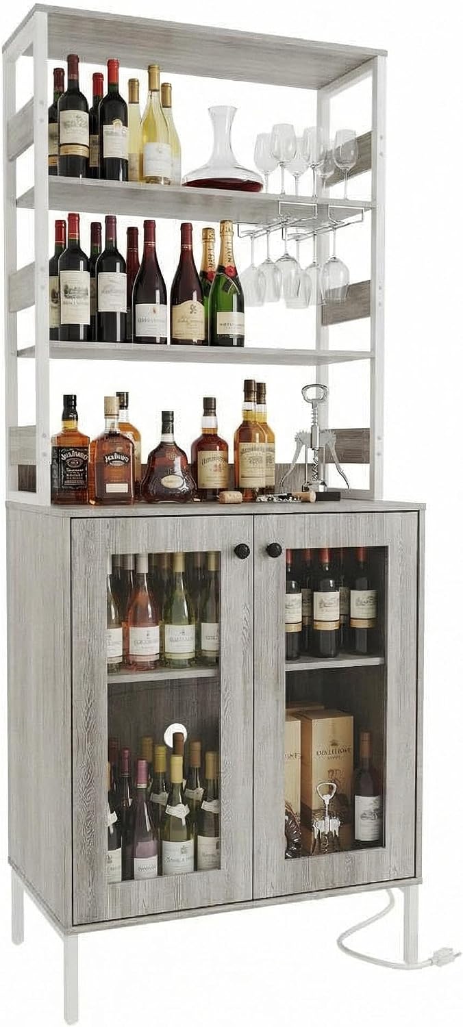 66.9' Bar Cabinet with Power Outlets & LED Lights, Pantry Cabinet with Glass Doors, Kitchen Bakers Rack, Microwave Stand Bakers Rack Cabinet for Dining Room, Living Room, Hallway