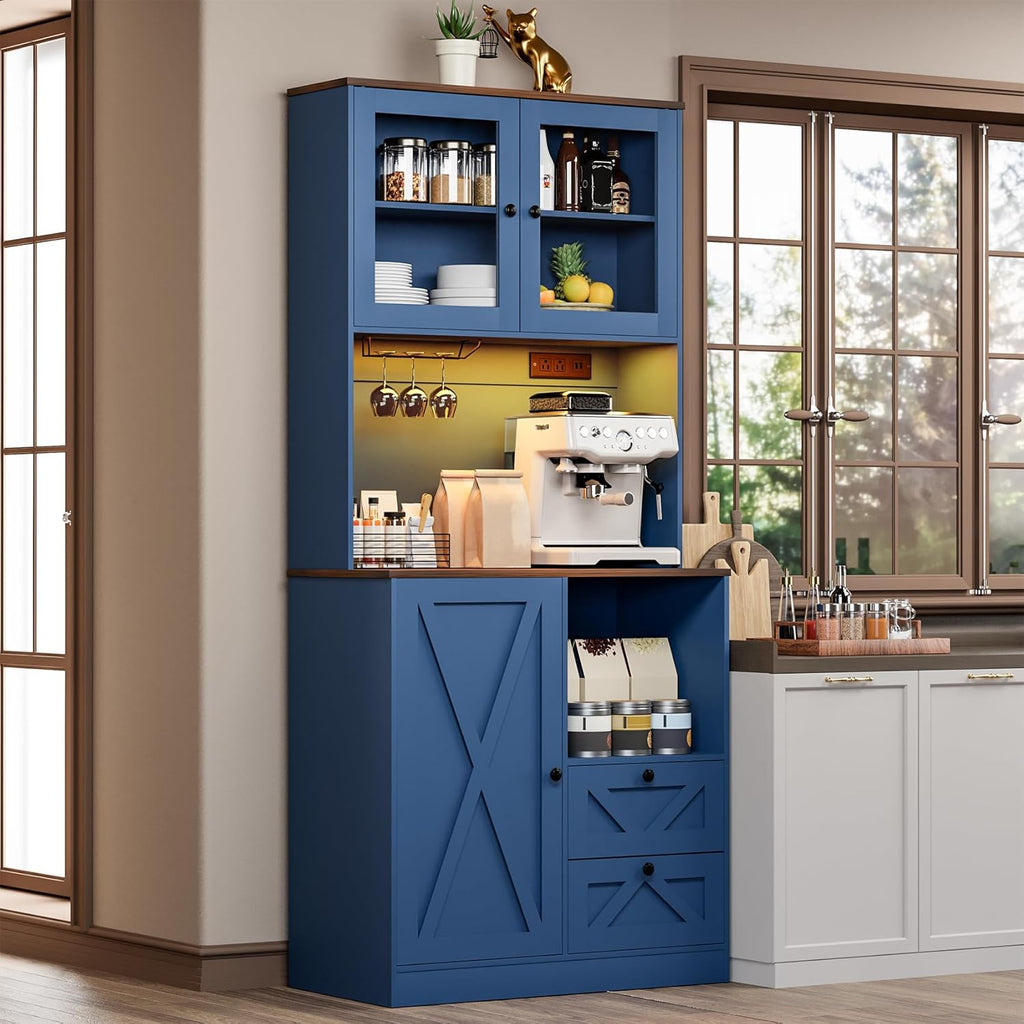 71''Kitchen Pantry Storage Cabinet with LED Lights and Power Outlet, Tall Farmhouse Kitchen Hutch with Microwave Stand,Globet Hooks and Adjustable Shelf for Dining Living Room,Blue