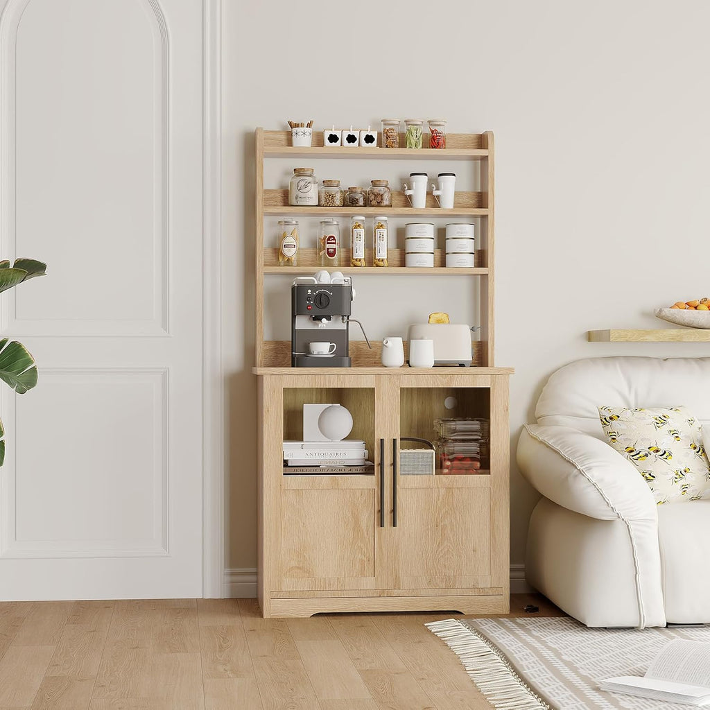 Microwave Stand Bakers Rack Cabinet with Power Outlet and Thickened Counter, Freestanding Farmhouse Coffee Bar Cabinet, Tall Kitchen Pantry Hutch with Glass Doors for Dining Room