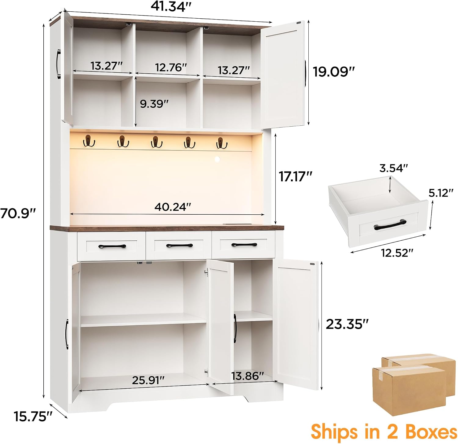 70.9' Tall Kitchen Pantry Cabinet with LED Light & Charging Station, Farmhouse Kitchen Hutch with Large Countertop & 10 Hooks, Kitchen Cabinet Storage with Drawers for Living Room, Dining Room, White