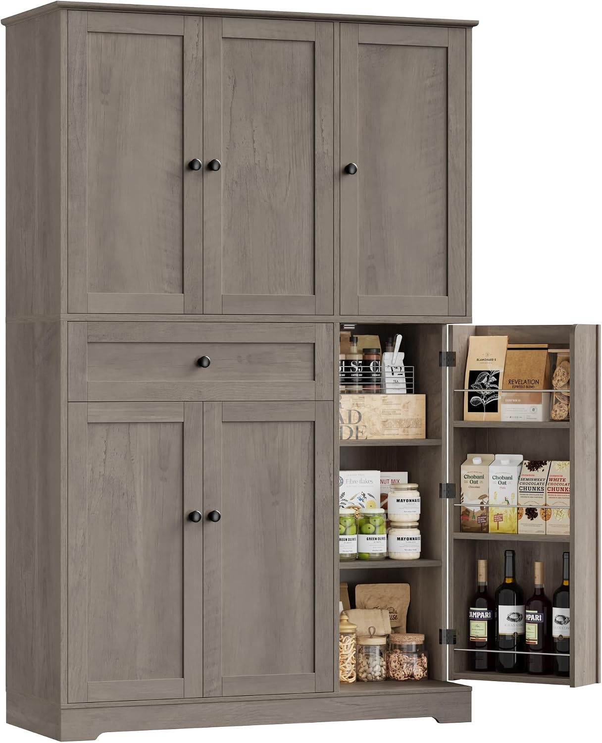 HOSTACK 68' Tall Kitchen Pantry Storage Cabinet, Modern Kitchen Hutch Cabinet with Doors and Shelves, Freestanding Food Pantry with Large Storage Drawer for Dining Room, Living Room, Ash Gray