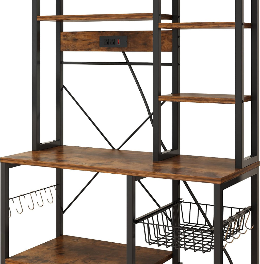 Large Bakers Rack with Power Outlets, 6-Tier Microwave Stand with 10 S Hooks, Kitchen Storage Shelf with Wire Basket, Coffee Bar Station for Kitchen and Dining Room, Rustic Brown