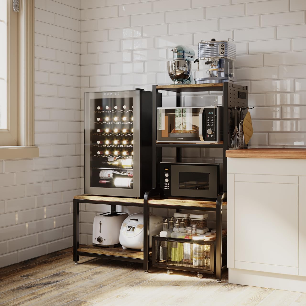 COCOLUCKY Mini Fridge Stand with Storage,Mini Fridge Cabinet,Bakers Rack with Power Outlet,Coffee Bar Cabinet,Microwave Oven Stand Rack with Large Capacity Basket for Dorm Home Office s1