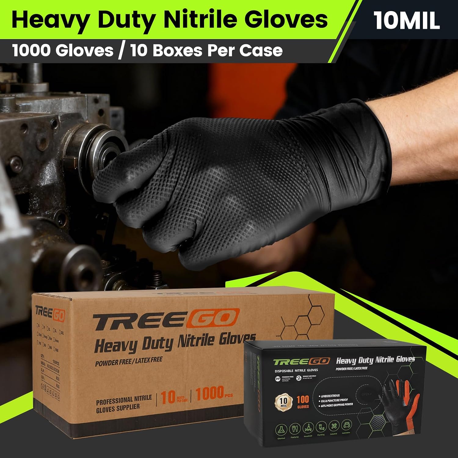 TREEGO 10 Mil Black Nitrile Gloves Bulk Case, 1000 Count X-Large — Heavy Duty Diamond Grip, Latex Free Disposable Gloves for Automotive, Industrial, Construction & Workshop Teams