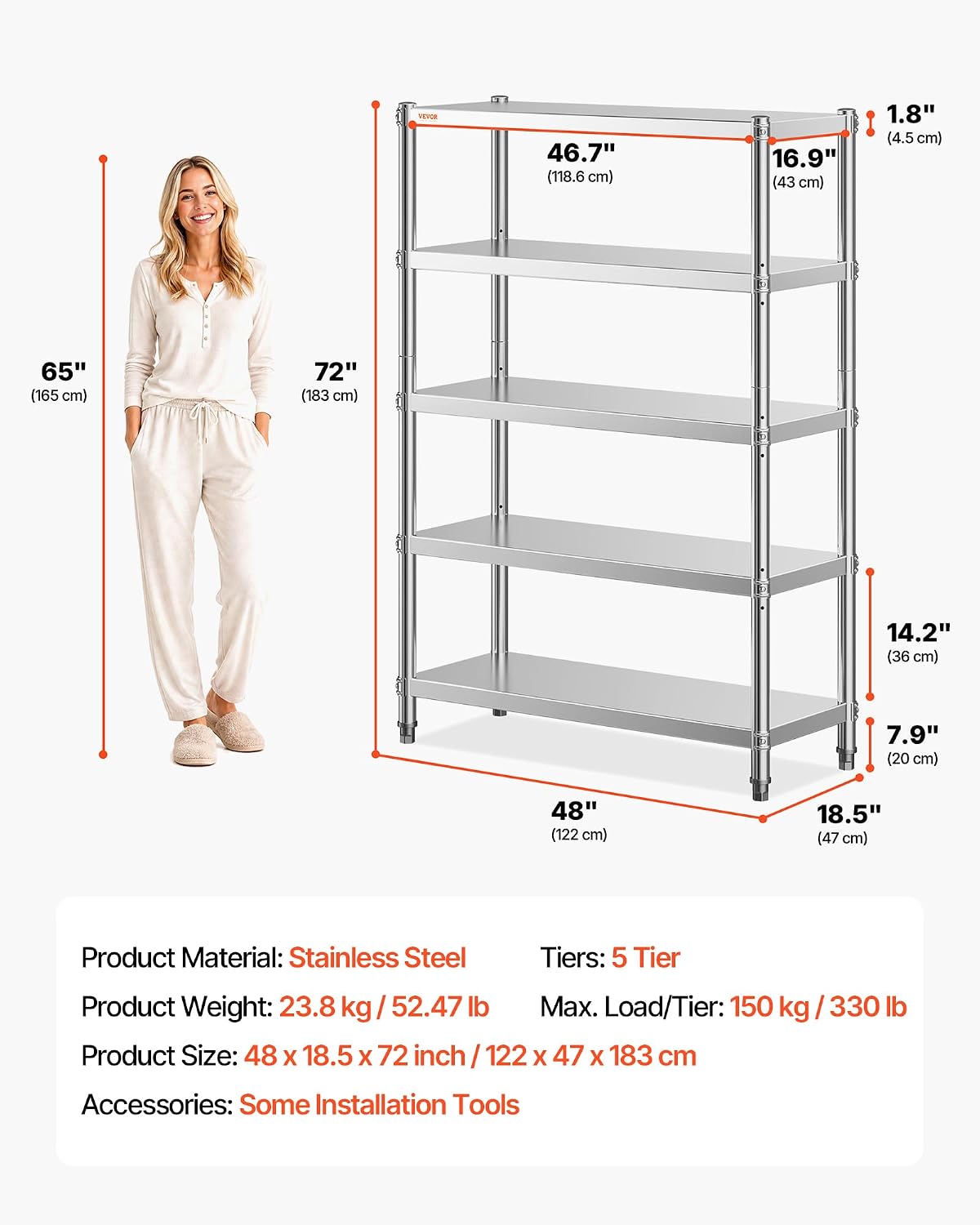 VBENLEM Stainless Steel Shelves 48x18.5 Inch 5 Tier Adjustable Shelf Storage Unit Stainless Steel Rack Shelving Heavy Duty Shelving for Kitchen Commercial Office Garage Storage 330lb Per Shelf