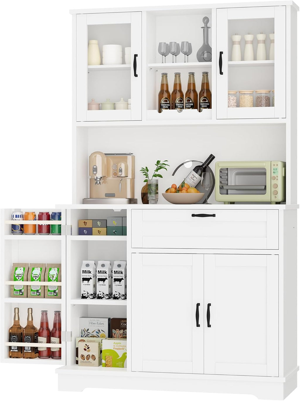 Shintenchi Kitchen Pantry Storage Cabinet, Freestanding Buffet Cabinet with Microwave Stand & 3 Door Shelves, Kitchen Hutch with Doors, Adjustable Shelves and Wine Rack, White