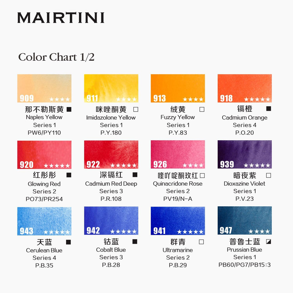 Mairtini Caravaggio series Professional Half Pan Watercolor Set 24 Colors with Wooden Case