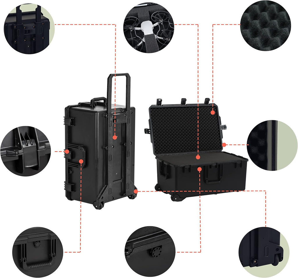 MEIJIA Premium Waterproof Hard Compact Rolling Camera Case with customizable fit foam and wheels,Full Protection with Light&Convenient Design,Elegant Black (31.3'X20.3'X15.5')