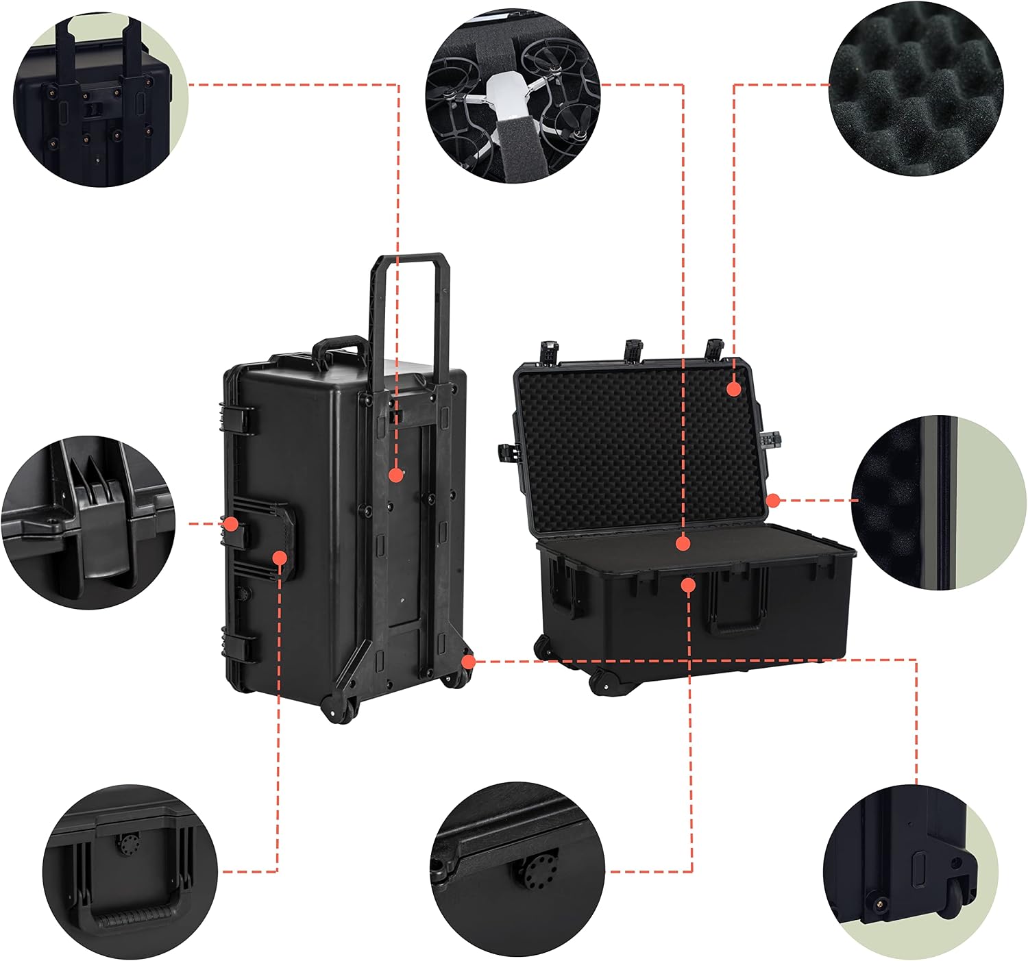 MEIJIA Premium Waterproof Hard Compact Rolling Camera Case with customizable fit foam and wheels,Full Protection with Light&Convenient Design,Elegant Black (31.3'X20.3'X15.5')