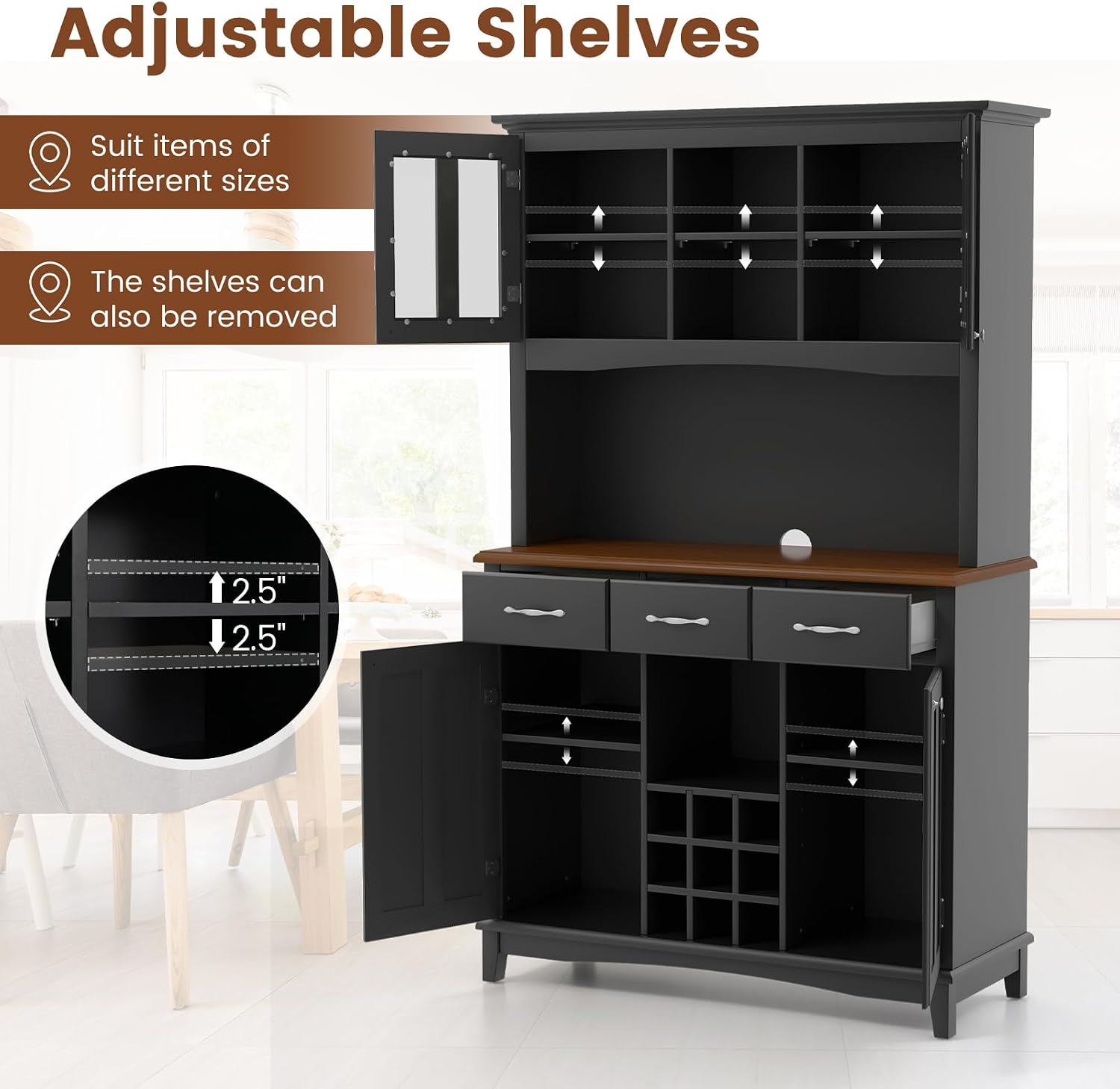 COSTWAY Kitchen Hutch Storage Cabinet, Freestanding Pantry Buffet Sideboard, Modern Buffet Cupboard w/Wine Rack, Adjustable Shelves, Tempered Glass Cabinets, Drawers, Microwave Stand (Black)