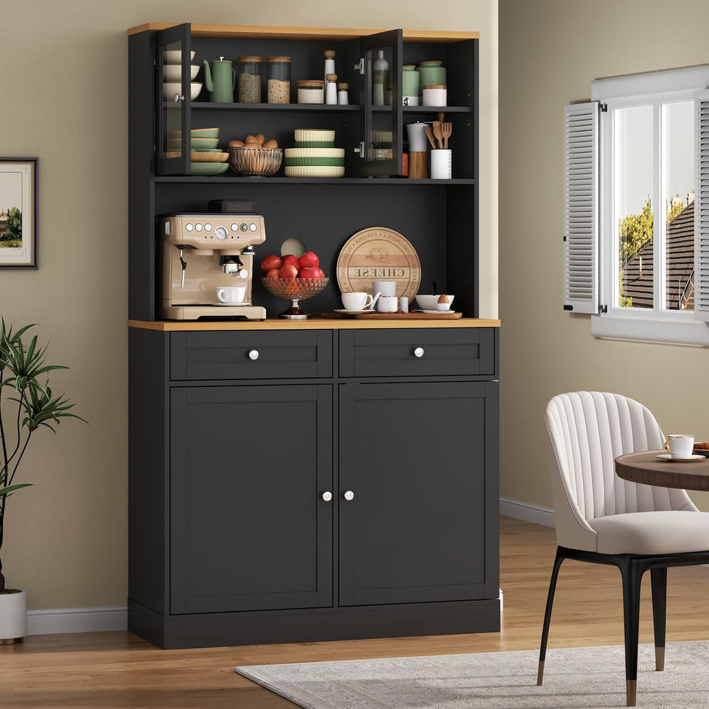 Tall Pantry Cabinet, Modern Kitchen Hutch with Microwave Stand, Kitchen Pantry Storage Cabinet with 2 Darwers & Door Shelf, Food Pantry with Glass Doors & Adjustable Shelves for Dining Room, Black