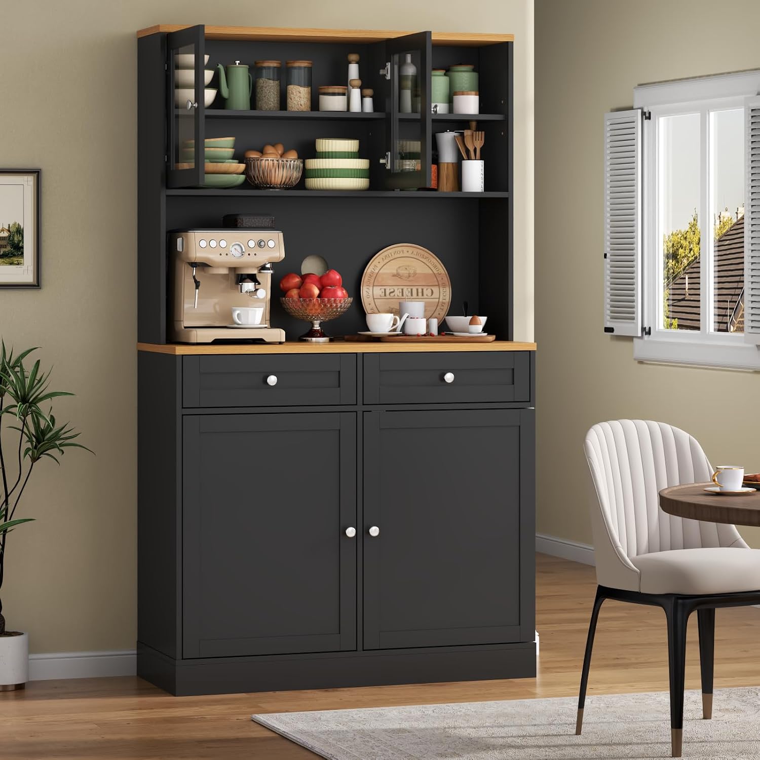 Tall Pantry Cabinet, Modern Kitchen Hutch with Microwave Stand, Kitchen Pantry Storage Cabinet with 2 Darwers & Door Shelf, Food Pantry with Glass Doors & Adjustable Shelves for Dining Room, Black