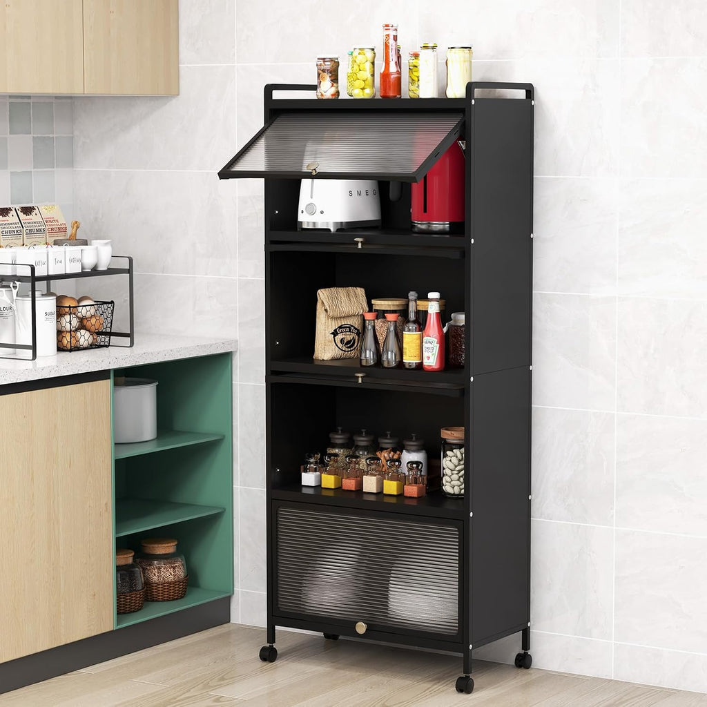 MAT EXPERT 5-Tier Kitchen Storage Cabinet, Freestanding Appliance Organizer on Wheels with Flip Door & Anti-Topping Device, Kitchen Pantry Cabinet Bakers Rack for Living Room, Study (Black)