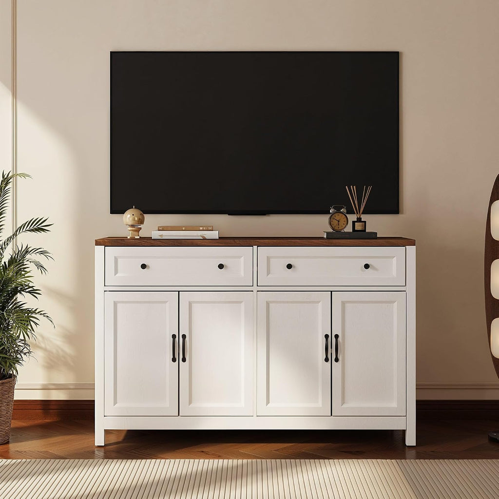 Gizoon Farmhouse Kitchen Sideboard Buffet Cabinet with Storage, Wood Coffee Bar and Storage Sideboard with Drawers and Doors for Kitchen, Dining Room, 15.7' D x 55.1' W x 35.3' H, White/Rustic Brown
