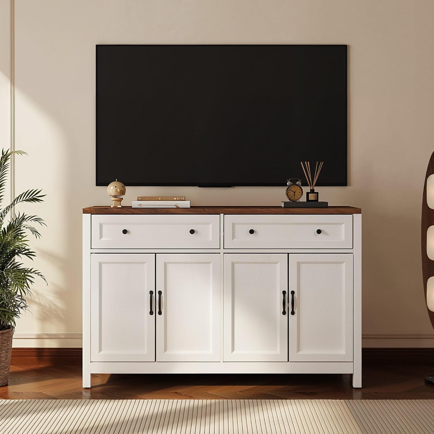 Gizoon Farmhouse Kitchen Sideboard Buffet Cabinet with Storage, Wood Coffee Bar and Storage Sideboard with Drawers and Doors for Kitchen, Dining Room, 15.7' D x 55.1' W x 35.3' H, White/Rustic Brown