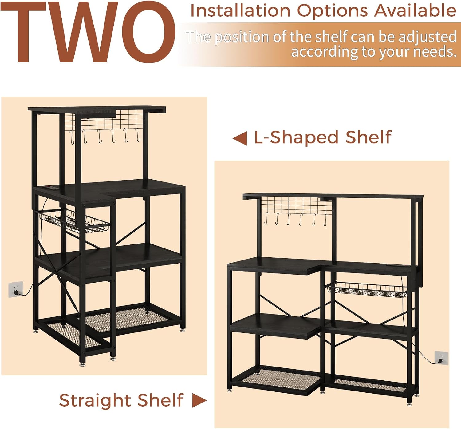 METYERRY L-Shaped Bakers Rack with Power Outlet,4-Tier Corner Microwave Stand with Storage,Coffee Bar Station with 6 Hooks, Kitchen Shelf with 2 Installation Methods,for Living Room,Office,Black