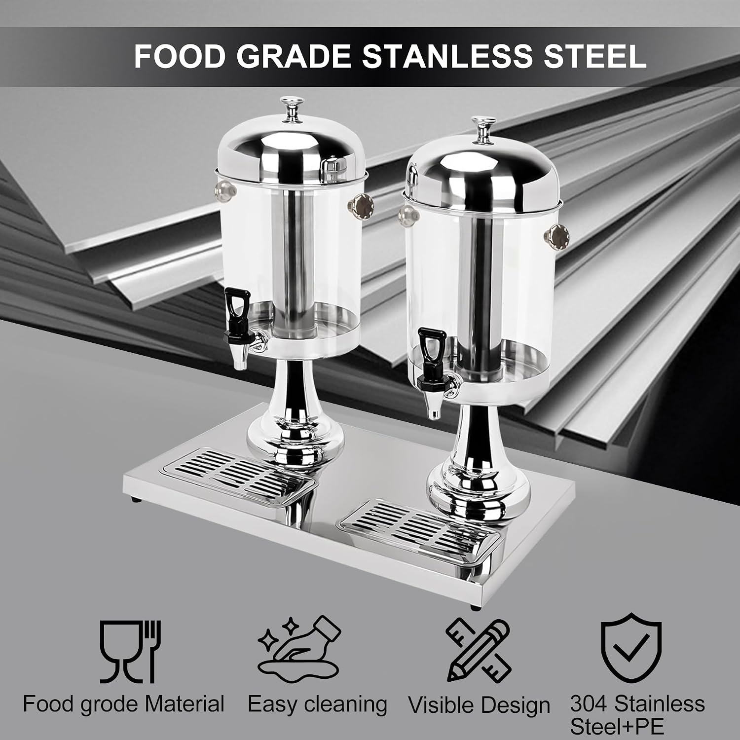 Beverage Dispenser,4.4 Gallon Beverage Dispenser for Parties, Stainless Steel Dual-Head Juice Dispenser with Centre Ice Core and Drip Trays for Parties, Buffet Cafeterias, Homes, Weddings, Events